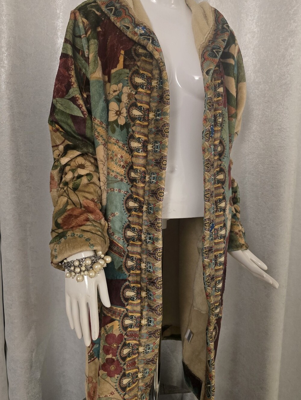 Johnny Was Multicolor Floral Patchwork Hooded Trench Coat Large Bohemian Cozy - Picture 4 of 9